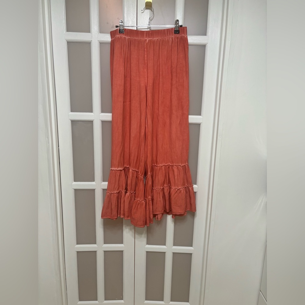 Umgee Tiered Ruffle Wide Leg Pants Rust Boho Cottagecore Size S NWT